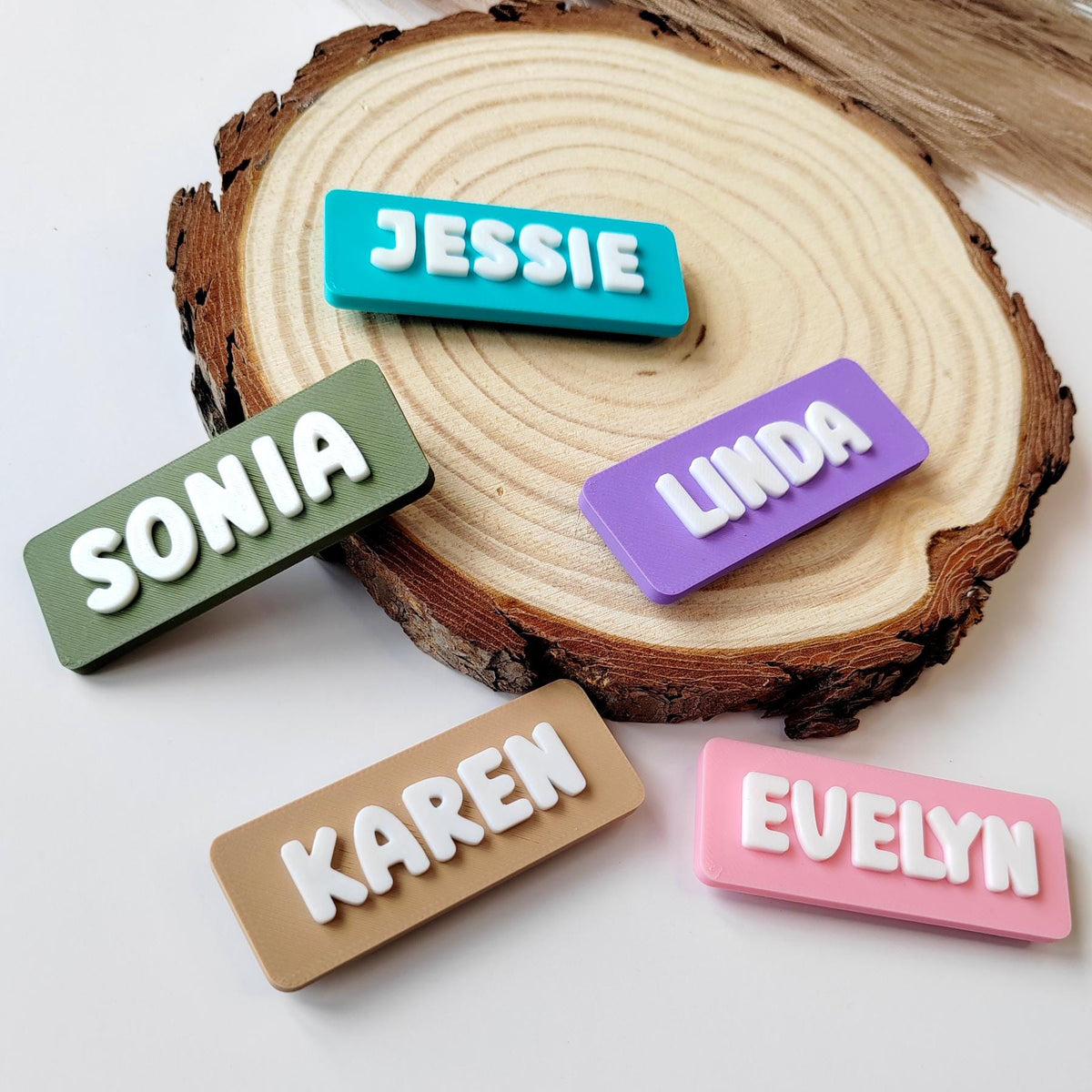 May include: A selection of colourful name tags with white raised lettering. The tags are rectangular and feature the names "Jessie", "Sonia", "Linda", "Karen", and "Evelyn". The tags are in various colours, including teal, green, purple, tan, and pink.